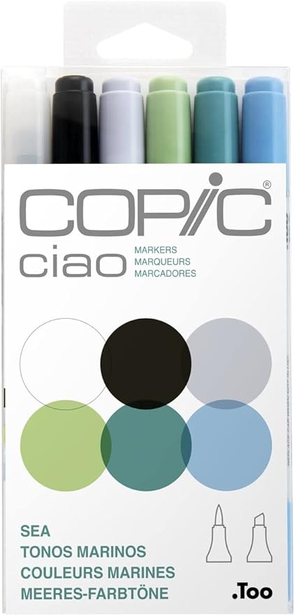 Copic Ciao, Alcohol Markers, 6 Colors Dual Brush Tip Art Marker for Adults/Teen Artists & Creators, Permanent Blendable Sketch Markers for Coloring Drawing & Illustration Art - Sea Color Set