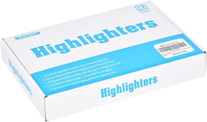 Rarlan Highlighters, Chisel Tip, Assorted Fluorescent, 72 Count Bulk Pack