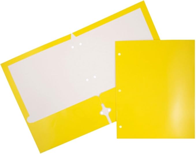JAM PAPER Laminated Two Pocket Glossy 3 Hole Punch School Folders - Letter Size - High Gloss Yellow - Bulk 50/Box