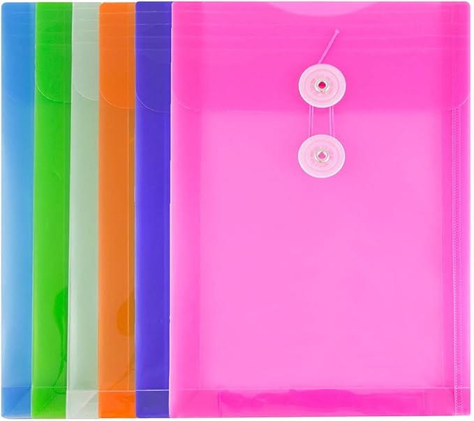 JAM PAPER Plastic Envelopes with Button & String Tie Closure - 6 1/4 x 9 1/4 - Assorted Colors - 6/Pack