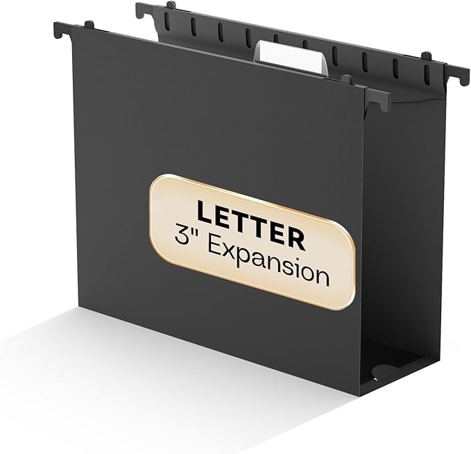 Plastic Extra Capacity Hanging File Folder Letter Size,Heavy Duty 3 inch Expansion,Reinforced Black Large Hanging Folders,Adjustable Tabs,Filing Cabinet Folders for Bulky Files Office,12 Pack