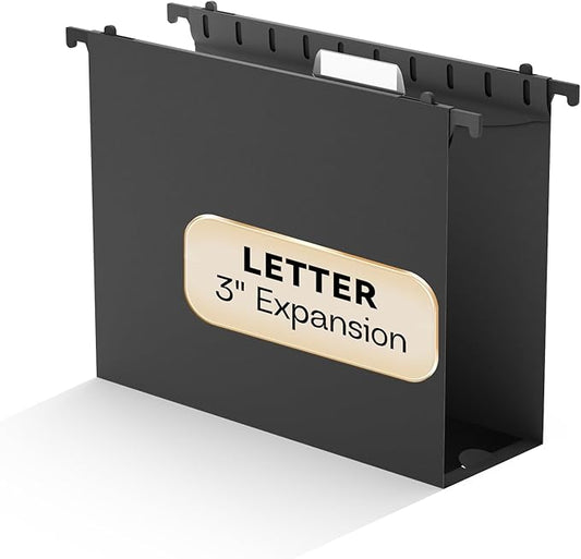 Plastic Extra Capacity Hanging File Folder Letter Size,Heavy Duty 3 inch Expansion,Reinforced Black Large Hanging Folders,Adjustable Tabs,Filing Cabinet Folders for Bulky Files Office,12 Pack