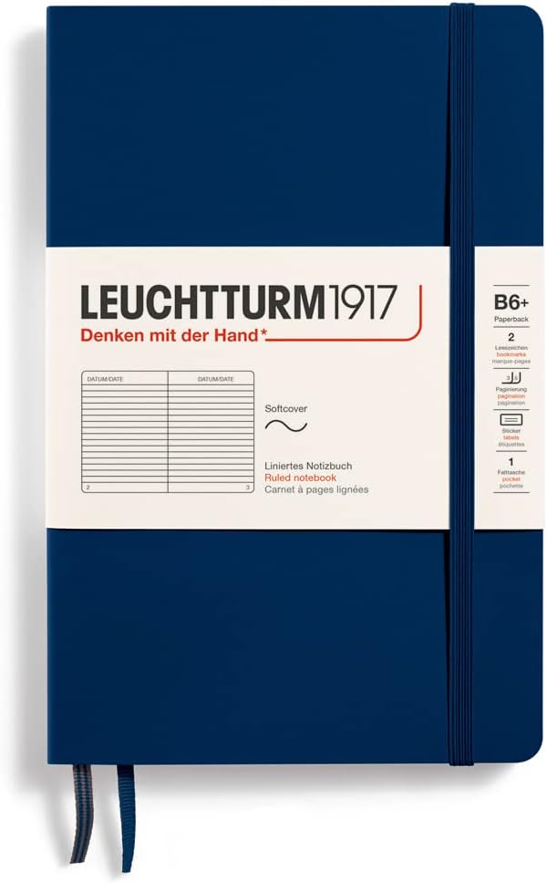 LEUCHTTURM1917 - Notebook Softcover Paperback B6+ - 123 Numbered Pages for Writing and Journaling (Ruled, Navy)