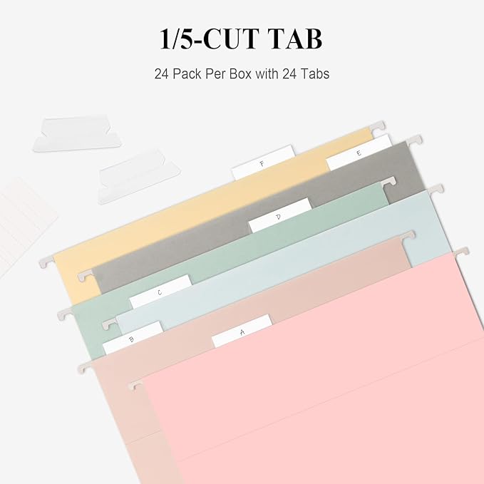 ViVin Hanging File Folders, 1/5-Cut Adjustable Tabs with 24 Per Box, 24 Pack Letter Size Hanging File Folders, Designed for Office Home School Filing Cabinet(Assorted)