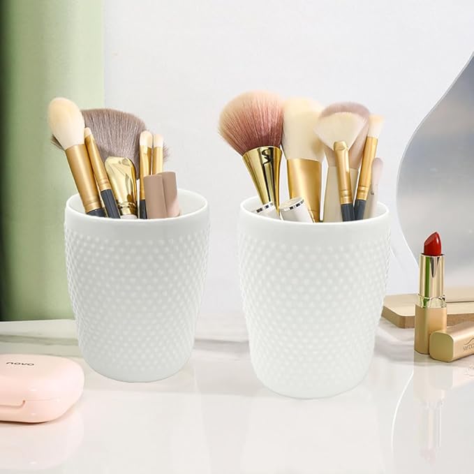 Vintage Ceramic Pen Holder for Desk Cute, White Desk Organizer, Round Pencil Cup for Office Home, Makeup Brush Holder as a Gift for Kids, Girls, Women