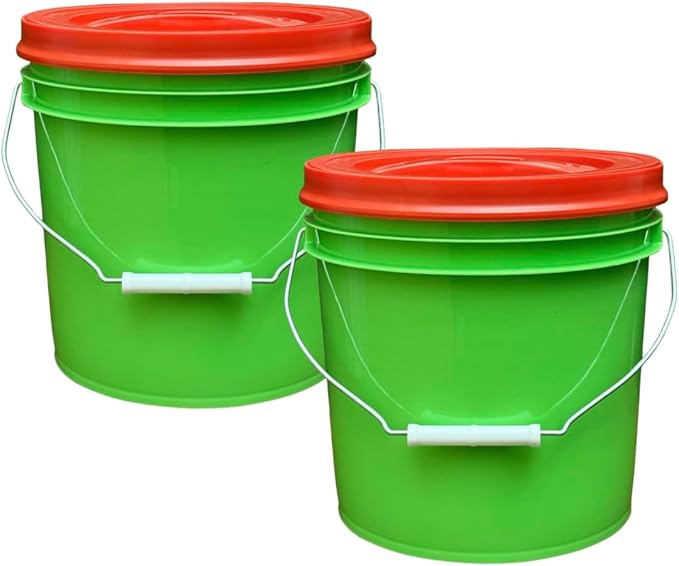 House Naturals 2 Gallon Food Grade - BPA Free Made in USA Buckets Lime Color pails with Screw On Gasket Lids (2, Lime - Red lids)