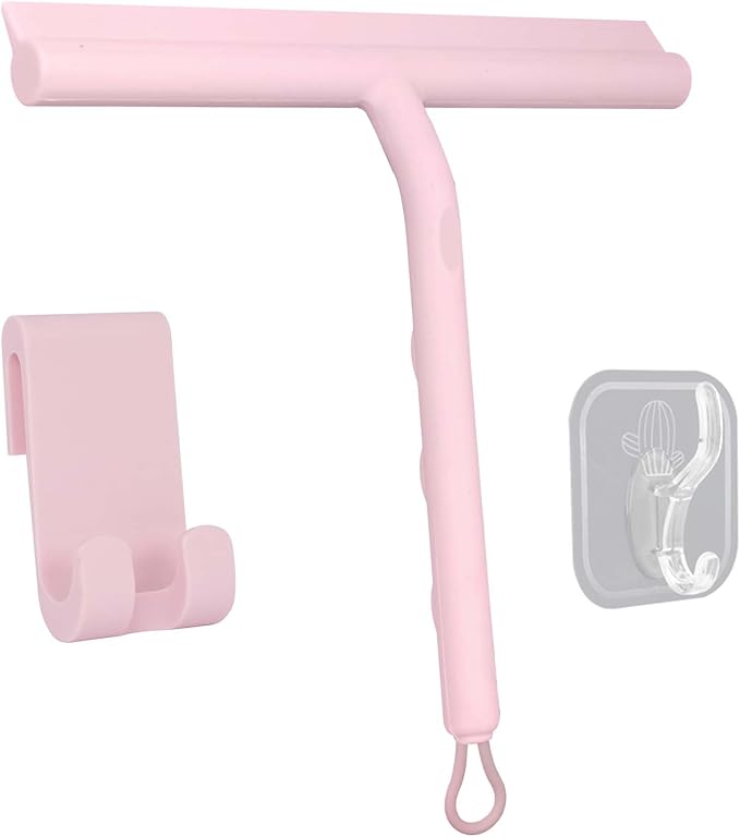 DEOFUXT Squeegee for Shower Glass Doors, Resilient Loop - No-Drill & Adhesive Hook, Silicone Shower Squeegee with Stainless Steel Core, Cleaning Tool for Home, Kitchen, Bathroom & Car - Pink