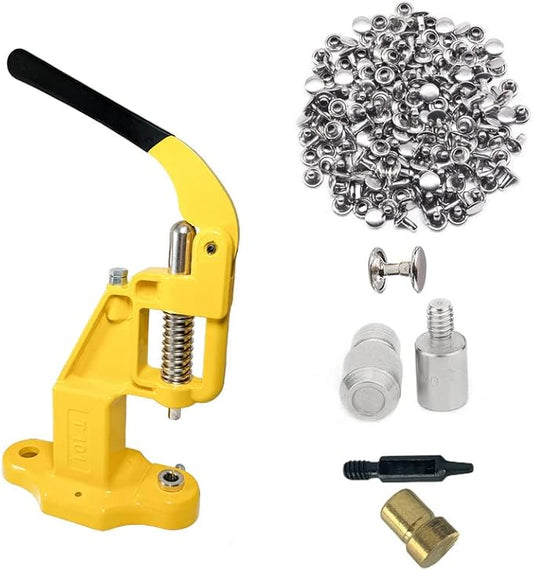 Hobby Trendy Hand Press with 1000 Sets of Iron 9mm Double Capped Rivets with Dies and Hole Punch(Yellow Press,Silver Rivets)