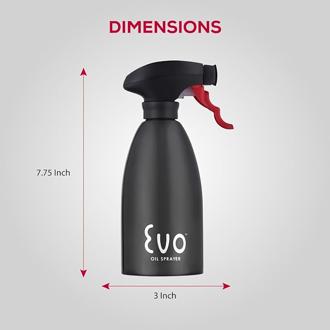 Evo Oil Sprayer 18/8 Stainless Steel, Non-Aerosol for Olive, Cooking Oils, and Vinegars, Black, 16-Ounce Capacity