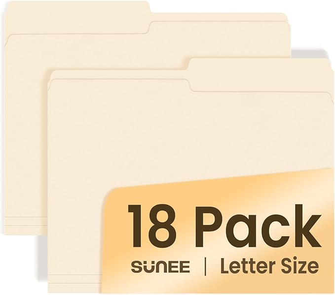SUNEE File Folders, 18 Pack Manilla Folders 8.5 x 11, 1/2 Cut Tab for Easy Labeling and Organization, Durable Standard Paper for Home, Office, School Filing