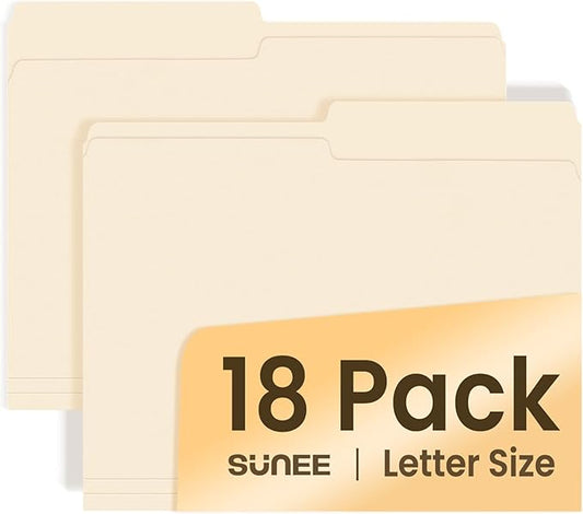 SUNEE File Folders, 18 Pack Manilla Folders 8.5 x 11, 1/2 Cut Tab for Easy Labeling and Organization, Durable Standard Paper for Home, Office, School Filing