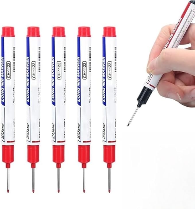 5PCS Long Head Deep Hole Marker Pens, 20mm Deep Reach Long Nose Markers, 45mm Permanent Markers Carpenter Ink Marker Pens, Waterproof Construction Markers Marking Tool, Metal Marking Pen (Red)