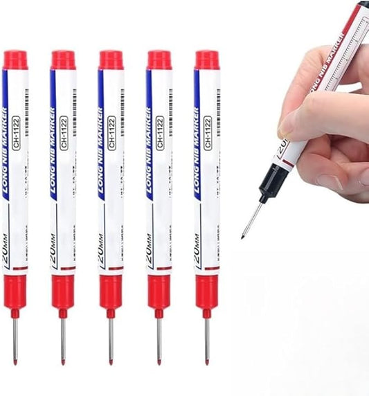 5PCS Long Head Deep Hole Marker Pens, 20mm Deep Reach Long Nose Markers, 45mm Permanent Markers Carpenter Ink Marker Pens, Waterproof Construction Markers Marking Tool, Metal Marking Pen (Red)