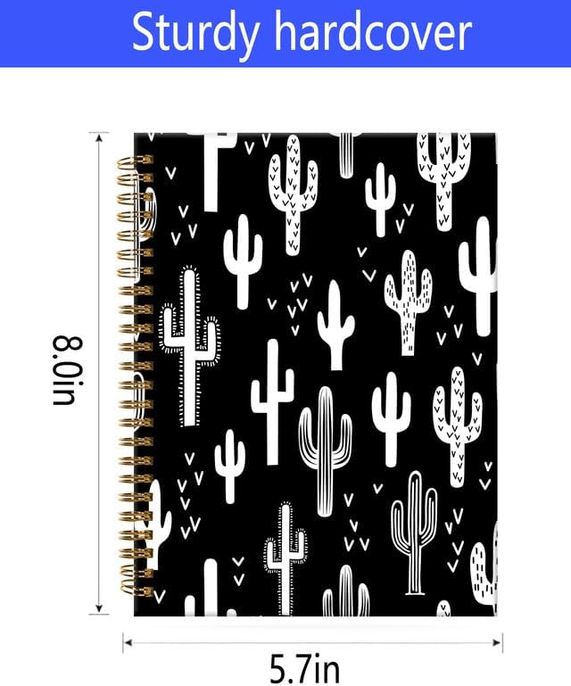 Spiral Journal Notebook,A5 Hardcover Lined Journals for Women Girl 6 x 8.3 in,120 Pages Thick Paper,Cute College Ruled Writing Notebook for Gifts Office Work School(Black White Cactus Plant)