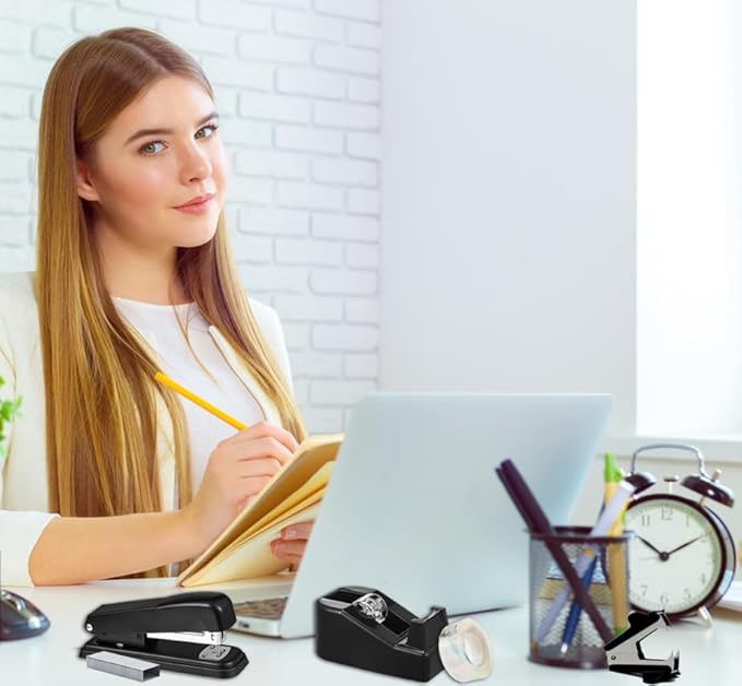 Boss Lady Stapler and Tape Dispenser Set - Black Office Gift for Women, Desk Accessories for Office Clerks and Coworkers