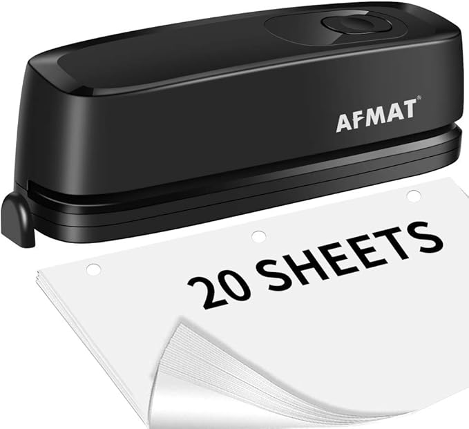AFMAT HP01 3 Hole Punch, Electric Three Hole Punch Heavy Duty, 20-Sheet Punch Capacity, AC or Battery Operated, Effortless Punching, Long Lasting Paper Puncher for Office School Studio, Black