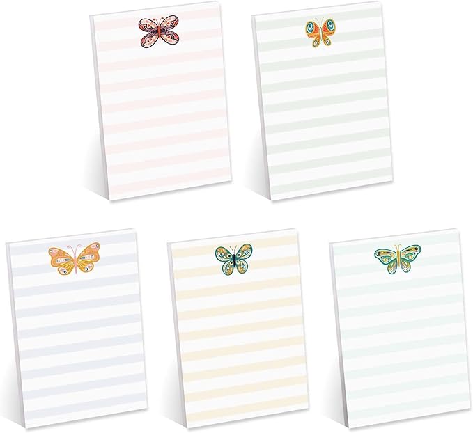 Folk Butterfly Sticky Note Pad Assortment/Set of 5 Pastel Note Pads / 4" x 6" Whimsical Sticky Note Pads / 50 Sheets Per Pad/Made in USA