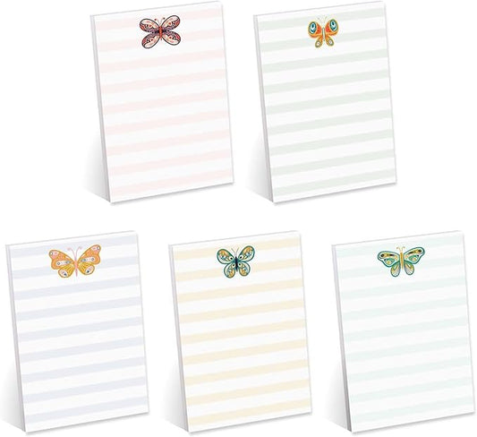 Folk Butterfly Sticky Note Pad Assortment/Set of 5 Pastel Note Pads / 4" x 6" Whimsical Sticky Note Pads / 50 Sheets Per Pad/Made in USA