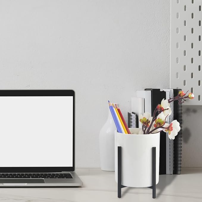 Durable Ceramic Pen Cup, Desk Ceramic Pencil Cup with Metal Legs, Black and White Pen Holder Cup for Office, Desk Decor for Women Girls