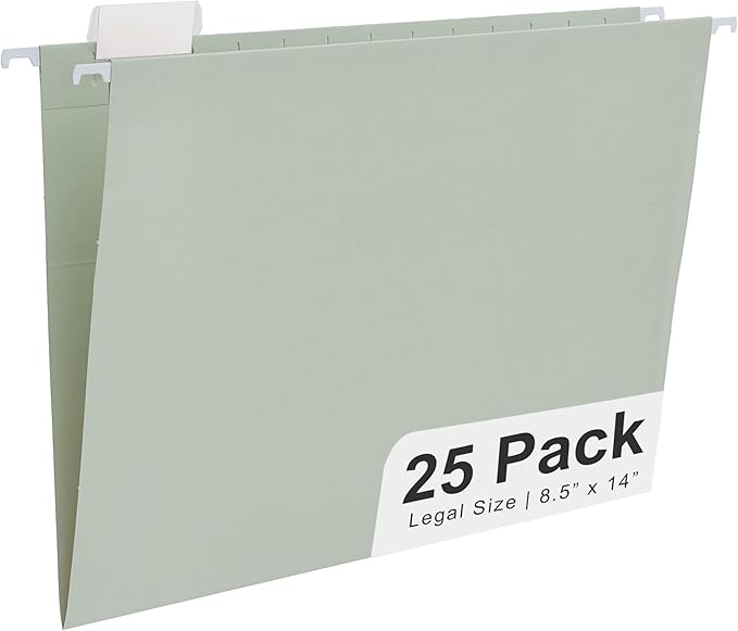 Y YOMA Legal Size - 25 Pack Colored Hanging File Folders Decorative Hanging Folder Cute Pretty File Folder for Filing Cabinet Office Home with 1/5-Cut Adjustable Tabs, Morandi Green