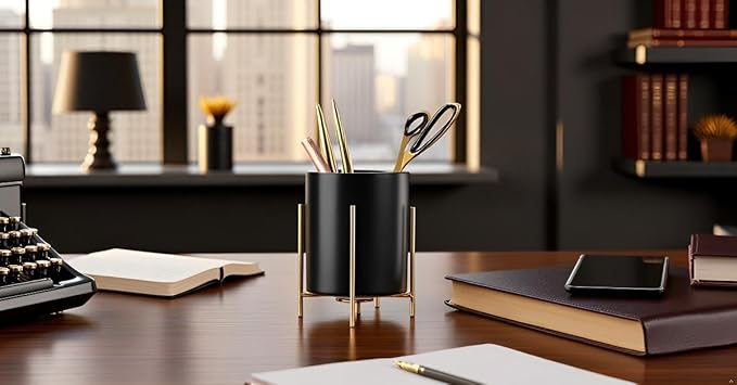 Sturdy Pen Holder Simple and elegant for Desk Matte Pencil Holder Ceramic Cute Desktop Organizer Brush Holder Cup (Black and Gold Plated)