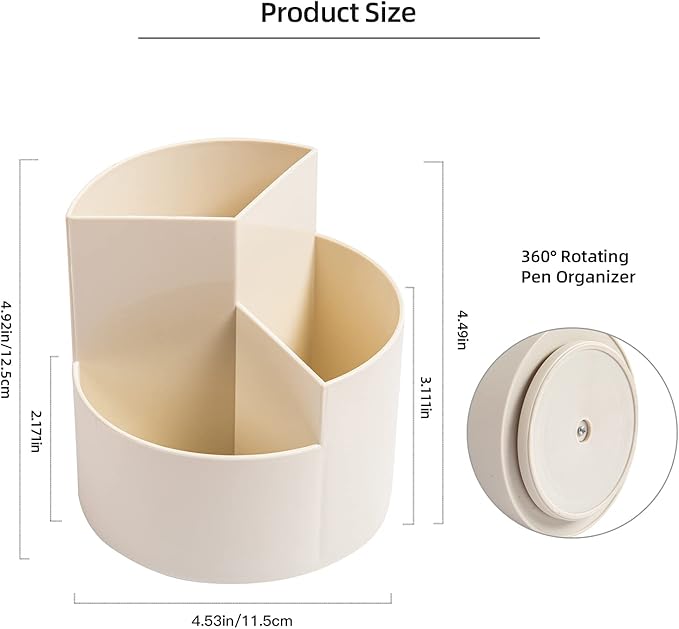 Desk Pencil Pen Holder, 3 Slots 360-Degree Spinning Organizers, Desktop Storage Stationery Supplies, Cute Cup Pot for Office, School, Art Supply, Kids - White