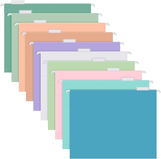 10 Pack Hanging File Folders, Letter Size with 1/5-Cut Adjustable Tabs, Pastel 10 Selected Color - File Folder Organizer for Filing Cabinet Office Home, Designed for Bulky Files, Medical Charts