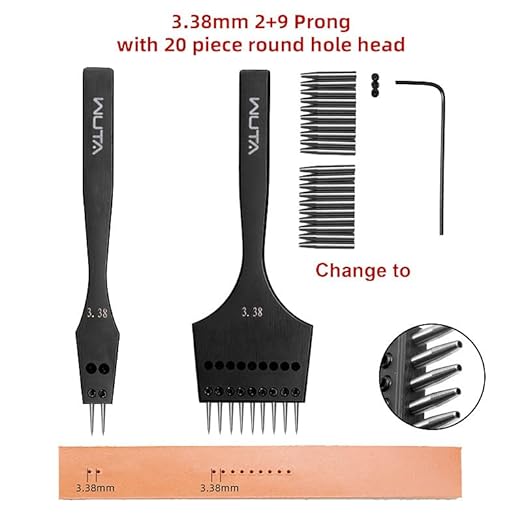 WUTA Sharp Head Replaceable Pricking Iron Removable Circle Leather Hole Punch Lacing Stitching Professional Working Hand Tool Kit 2nd Generation 3.38mm-(2+9)