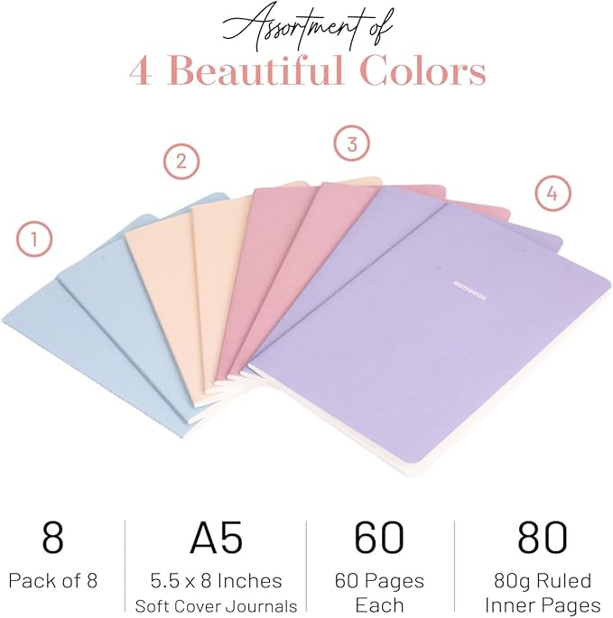 Notebook Journal (8 Pack), A5, 5.5 x 8 in, Cute Soft Paper Cover Notebook Set, Thin Writing Journal for Travel, Meditation, Wedding and Dream Journals, Lightweight Lined Paper Diary, 60