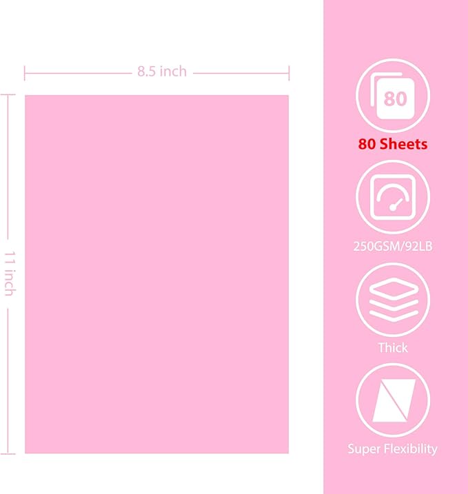 OcePor 80 Sheets Pinks Cardstock Paper, Colored Printer Paper 8.5 x 11, Thick Construction for Cards Making, Scrapbook，Office Printing, Invitations, Certificates，DIY Crafting 92 lb/250gsm