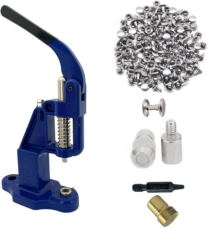 Hobby Trendy Hand Press with 1000 Sets of Iron 9mm Double Capped Rivets with Dies and Hole Punch(Navy Press,Silver Rivets)