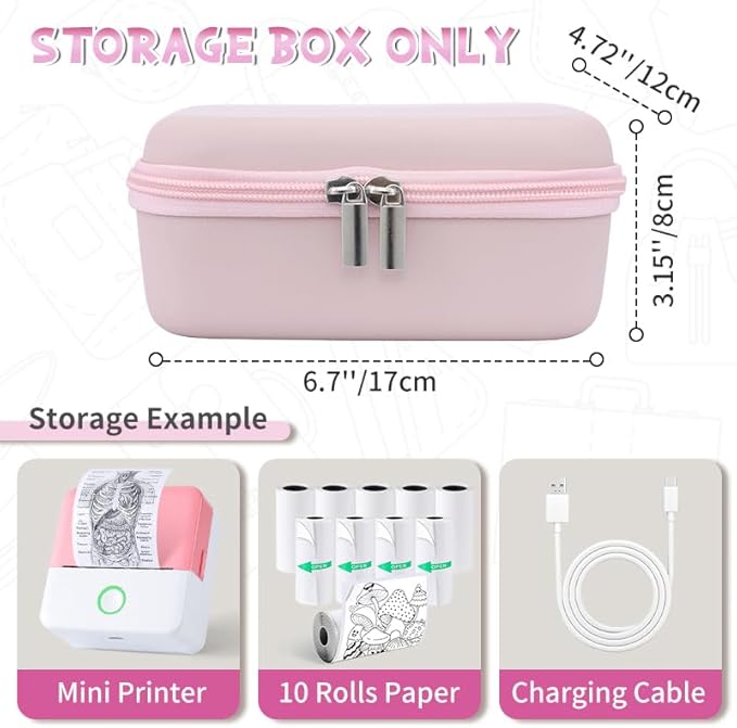 Carrying Case for Print Pods Mini Printer, Portable Mini Thermal Sticker Maker Travel Bag with Mesh Pocket, Bluetooth Label Printer Protective Storage Holder for Printing Paper & Accessories (Pink)