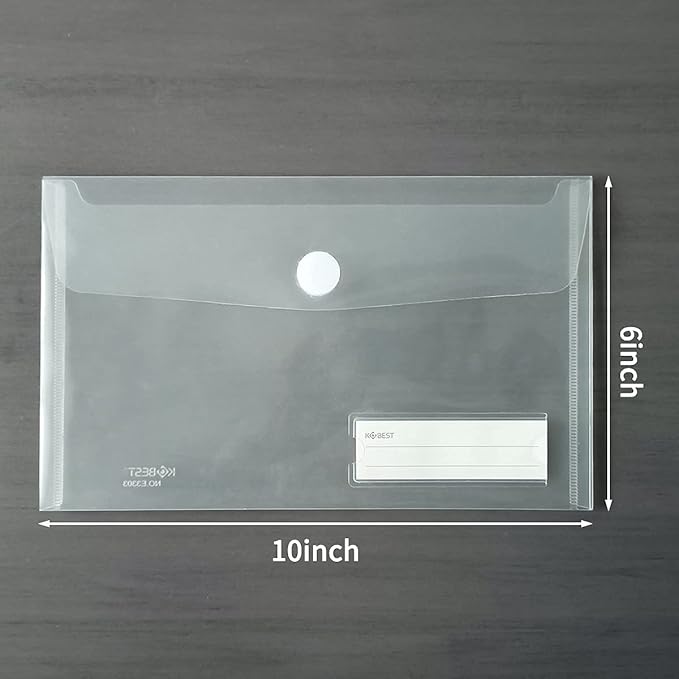 A5 Plastic Clear Envelopes Folder with Hook & Loop Closure 6x10" Invoice Receipt Cash Organization with Label Pocket 12pcs