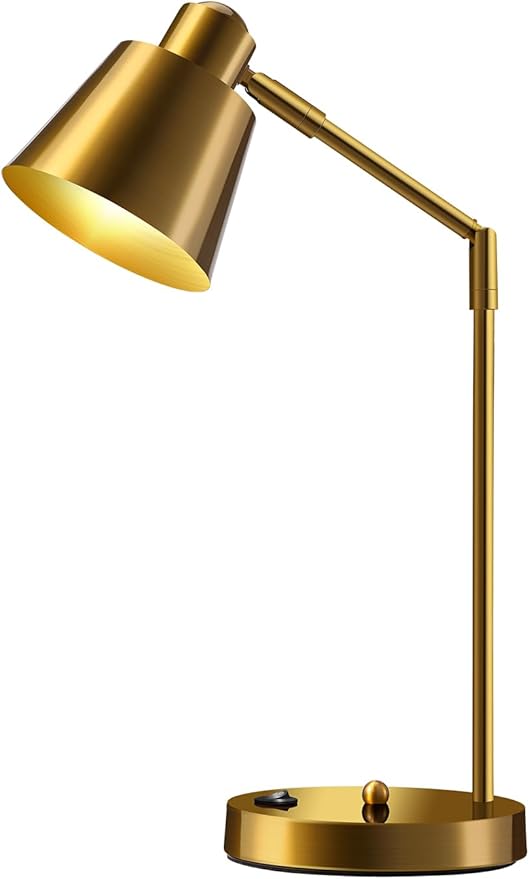 LED Desk Lamp with Dual USB Charging Ports, 100% Metal, 270° Swivel Arms, Soft White Light (3000K), Bedside Reading Lamp, Home Office Lamp(Golden)