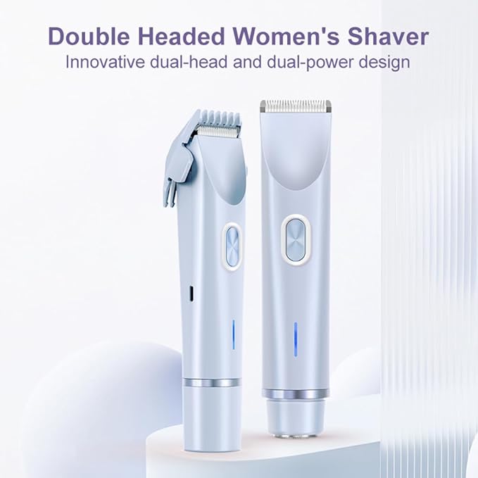 Bikini Trimmer for Women 2 in 1 Dual Head - IPX7 Waterproof Painless Electric Razors for Beauty, Pubic Hair, Face, Legs & Underarms– Portable Cordless Shaver with Fast Charging, Easy Cleaning (Blue)