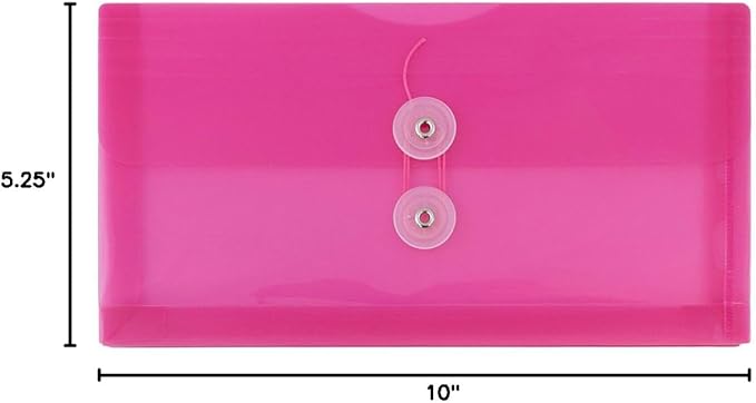 JAM PAPER Plastic Envelopes with Button & String Tie Closure - #10 Business Booklet - 5 1/4 x 10 - Fuchsia Pink - 12/Pack