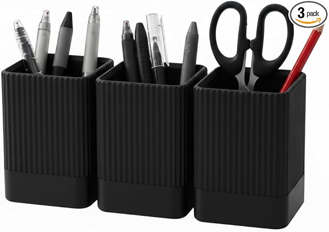 3 Pack Aesthetic Pen Holder for Desk-Sturdy Plastic Pencil Holder - Stylish Makeup Brushes Cup for Women Girls - Cute and Functional Desk Organizer for Office Supplies - Modern Office Decor Pen Cup