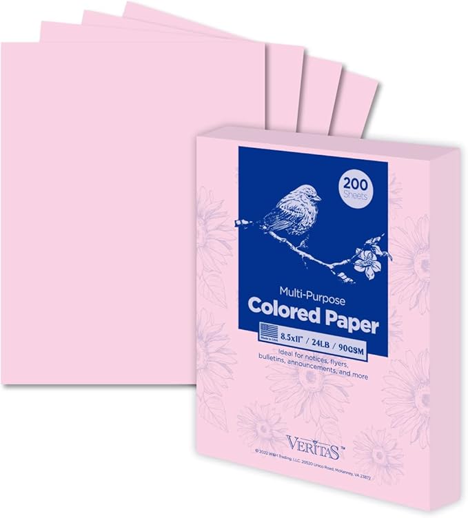 Veritas Color Copy Paper,Multi-Purpose paper,Colored Printer Paper 8.5” x 11”, 24 lb / 90 GSM,Pink,200 Sheets (1 Reams)，Made in USA