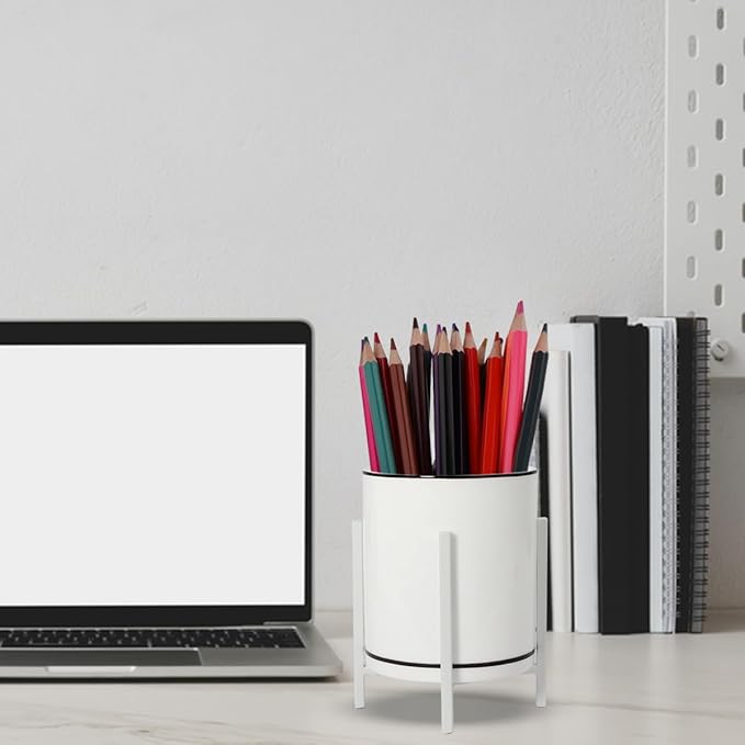 Desk Ceramic Pencil Cup with Metal Legs, Ceramic Pencil Cup, Black and White Pen Holder Cup for Office, Desk Decor for Women Girls, Cute Makeup Brushes Holder