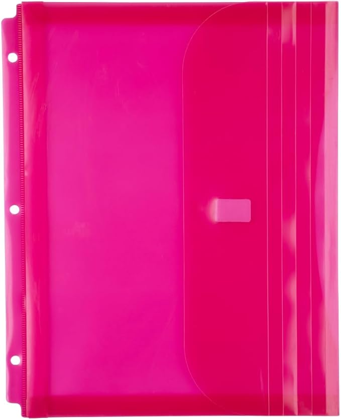 JAM PAPER Plastic 3 Hole Punch Binder Envelopes with Hook & Loop Closure - Letter Booklet - 9 1/2 x 11 1/2 with 1 Inch Expansion - Pink - 12/Pack