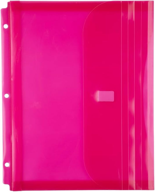 JAM PAPER Plastic 3 Hole Punch Binder Envelopes with Hook & Loop Closure - Letter Booklet - 9 1/2 x 11 1/2 with 1 Inch Expansion - Pink - 12/Pack