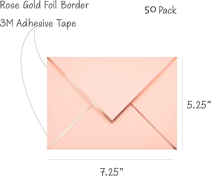 A7 Envelopes - V Flap Foil Border Luxury Mailing A7 Envelopes for 5" x 7" Cards - for Wedding, Invitations, Baby Shower, Graduation, Birthday, Bridal Shower - 5.25" x 7.25" (Blush Pink, 50 Pack)