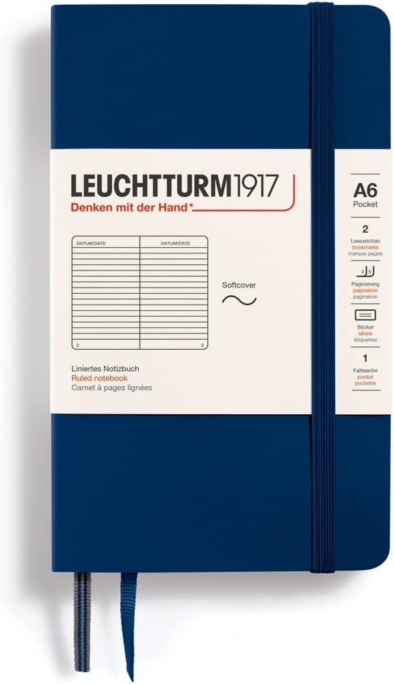 LEUCHTTURM1917 - Notebook Softcover Pocket A6-123 Numbered Pages for Writing and Journaling (Ruled, Navy)