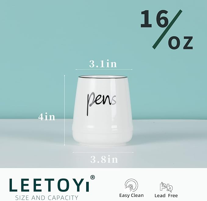 LEEOTYI Ceramic Farmhouse Pen Holder for Desk, Pencil Organizer 16 oz (White)