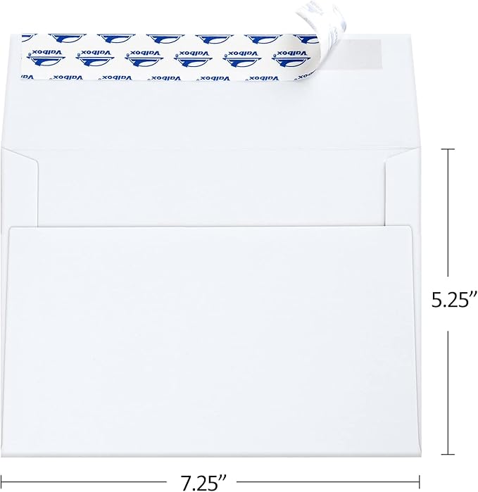 ValBox 200 Qty A7 Invitation Envelopes 5 x 7, 120GSM White Kraft Paper Envelopes for 5x7 Cards, Self Seal, Weddings, Invitations, Baby Shower, Stationery, Office, 5.25 x 7.25 Inches