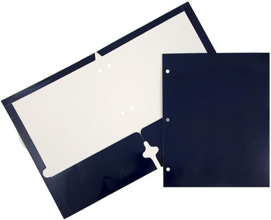 JAM PAPER Laminated Two Pocket Glossy 3 Hole Punch School Folders - Letter Size - High Gloss Navy Blue - Bulk 25/Pack