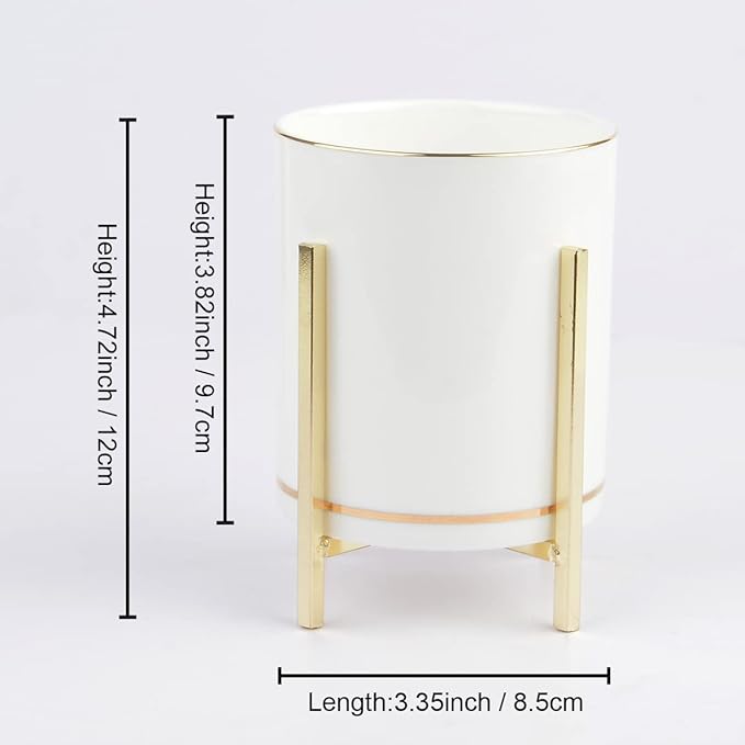 Gold Pen Holder for Desk Aesthetic, Ceramic Pencil Cup with Metal Legs, Makeup Cup for Brushes, Desk Decor for Women Girls