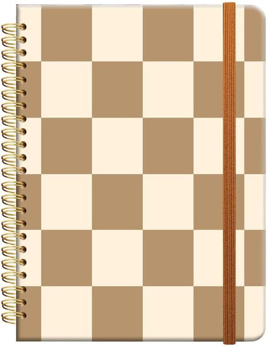 Ruled Spiral Writing Notebook,A5 Hardcover Lined College Journal for Women Lady Girl,Strong Twin-Wire Binding with Premium Paper,8.4" X 6",Perfect for School,Office,Home Gifts(Coffee Checkerboard)