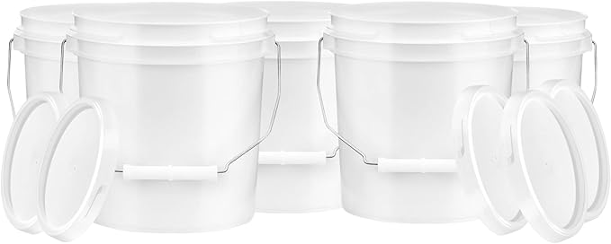 House Naturals 1 Gallon Food Grade BPA Free Bucket Container with Lids (Pack of 5) Made in USA (5, White)