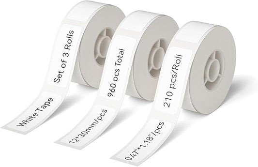 NIIMBOT D11 Label Maker Tape D110 Labels 3Rolls, Self-Adhesive Labeling Tape Replacement 0.47" X 1.18" (12 X 30mm) Thermal Label Refills for Home Office, 630 Labels/3Rolls, White